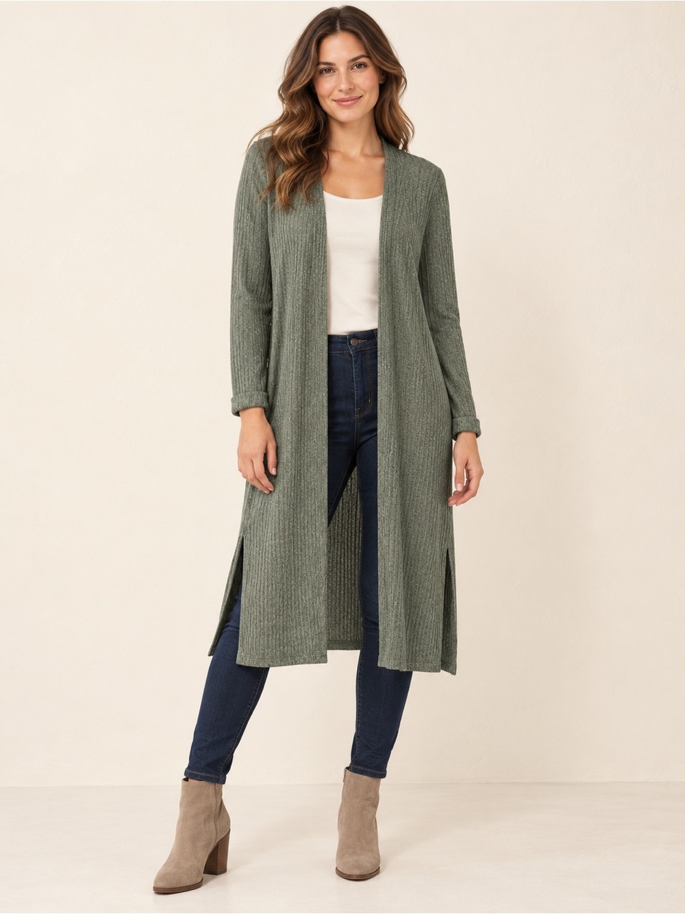 New Look Olive Ribbed Longline Open Cardigan
